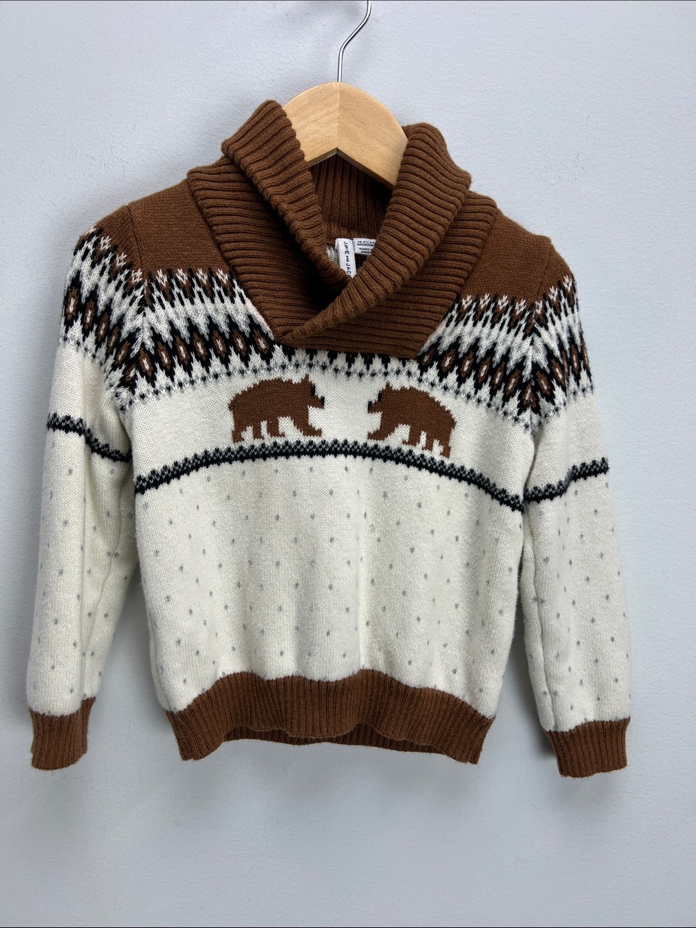 Janie And Jack Fair Isle Knit Sweater Shawl Collar Brown Bear Toddler Boys 18 24